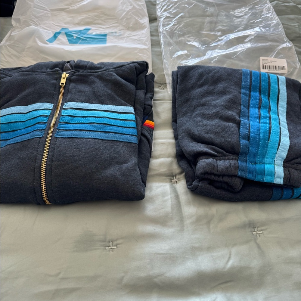 Aviator Nation Gray and Blue Striped Sweater and sweatpants SET